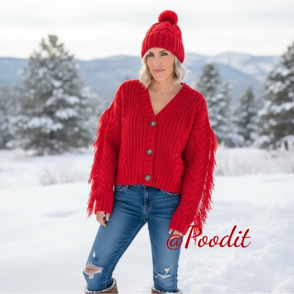 day & moon Sweaters - DAY & MOON Red knit fringe sleeve cardigan S M L